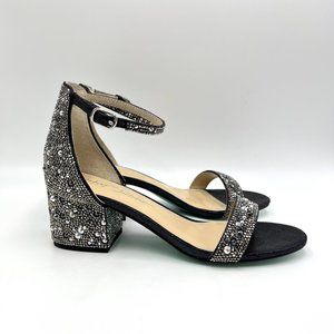 Betsey Johnson Size 7.5 Mari Black‎ Jeweled Block Heel Dress Sandals Shoes